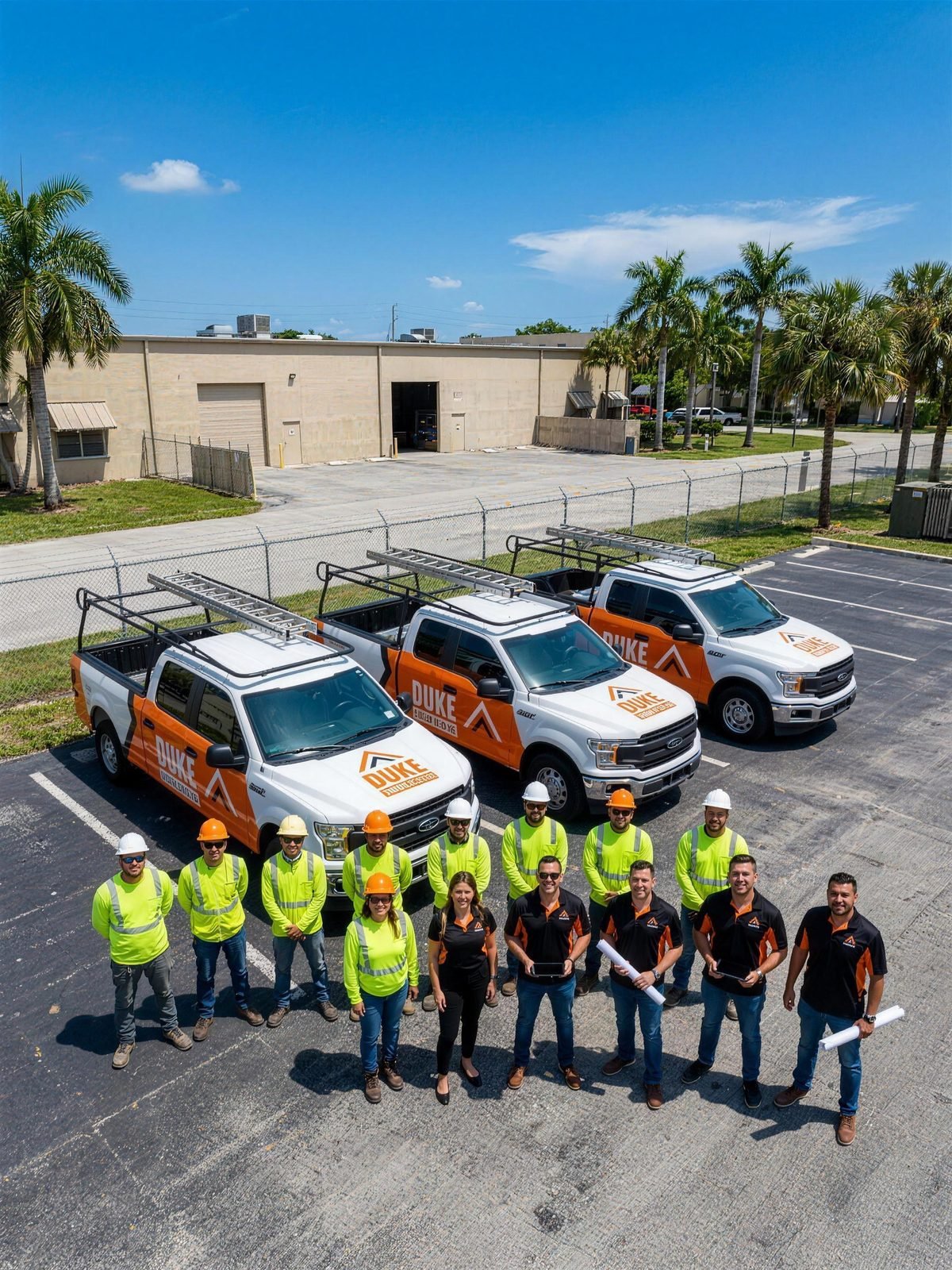 The Duke Contractors team — roofing crews and office staff standing in front of the company's branded truck fleet in Miami, FL
