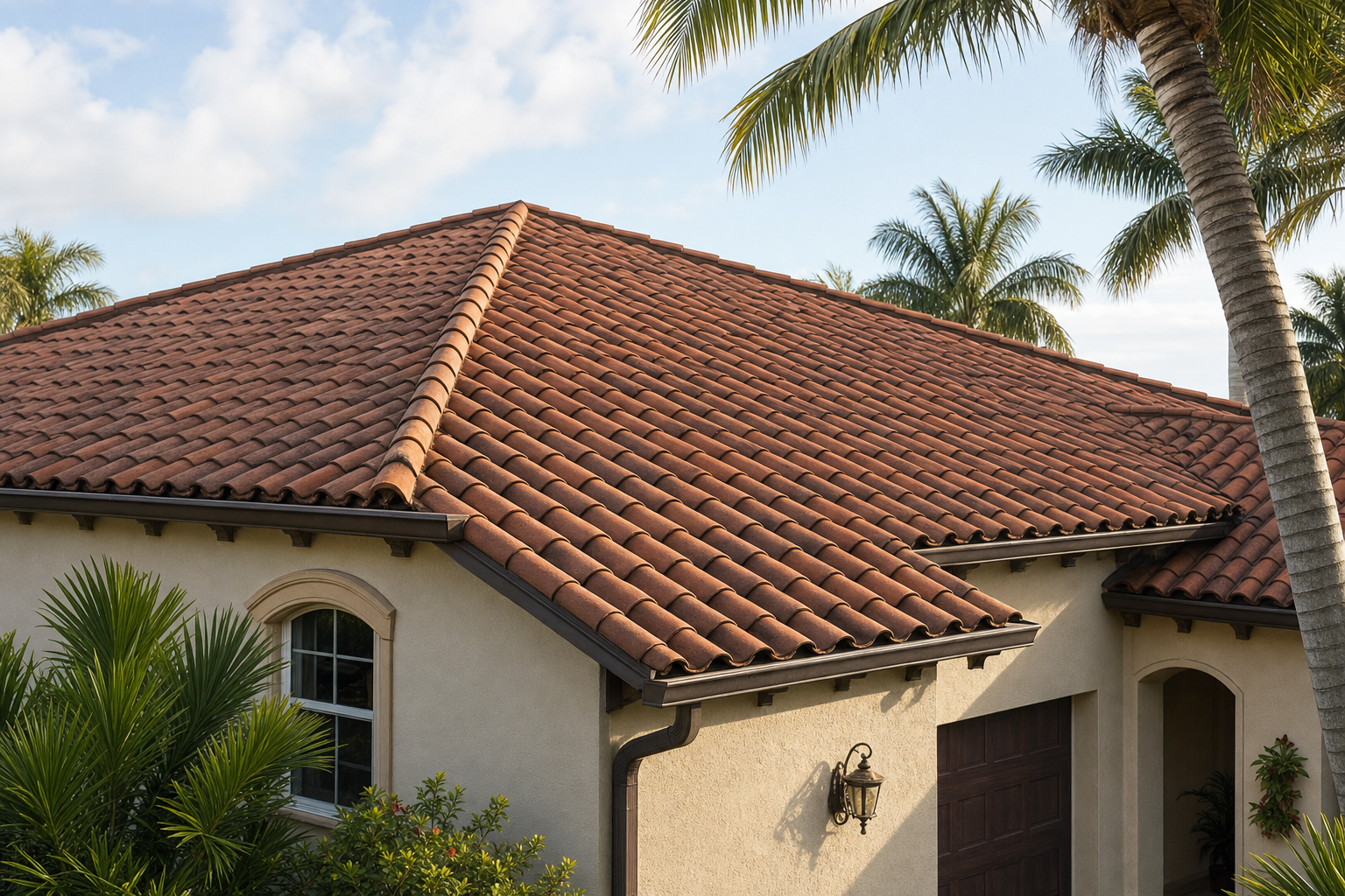 documentary photo of a South Florida barrel tile roof on a stucco home with palm trees nearby, early summer morning light, calm pre-hurricane-season mood, no text