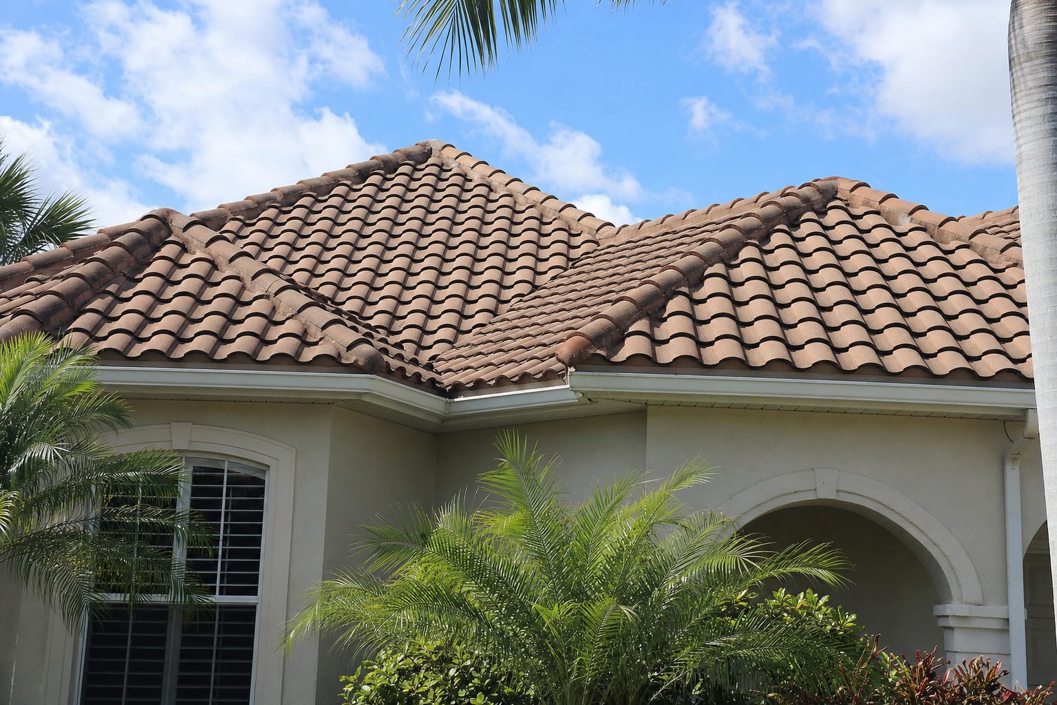 homeowner point-of-view photo from the yard looking up at a South Florida tile roof with visible roof valleys and ridge caps, bright natural daylight, realistic residential setting, no people, no text