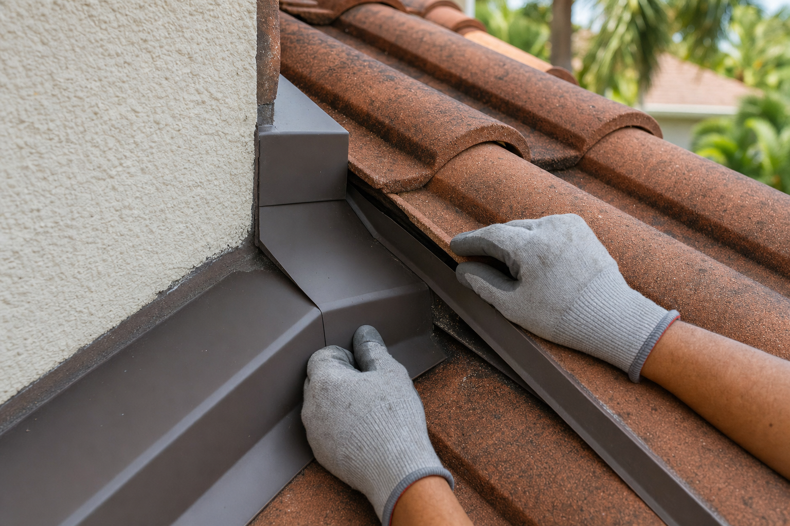 close-up documentary photo of gloved hands inspecting metal flashing and tile edges on a South Florida roof, tight safe composition with no worker standing visible, natural daylight, no logo, no text