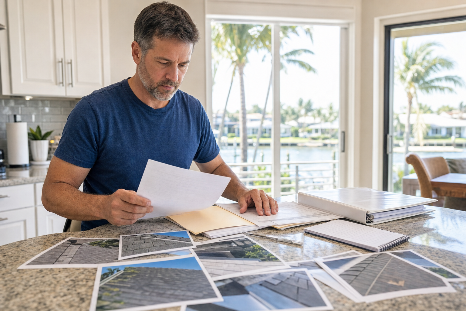 realistic photo of a homeowner organizing roof inspection photos, permit papers, and insurance documents on a kitchen counter in a South Florida home, natural window light, no readable text