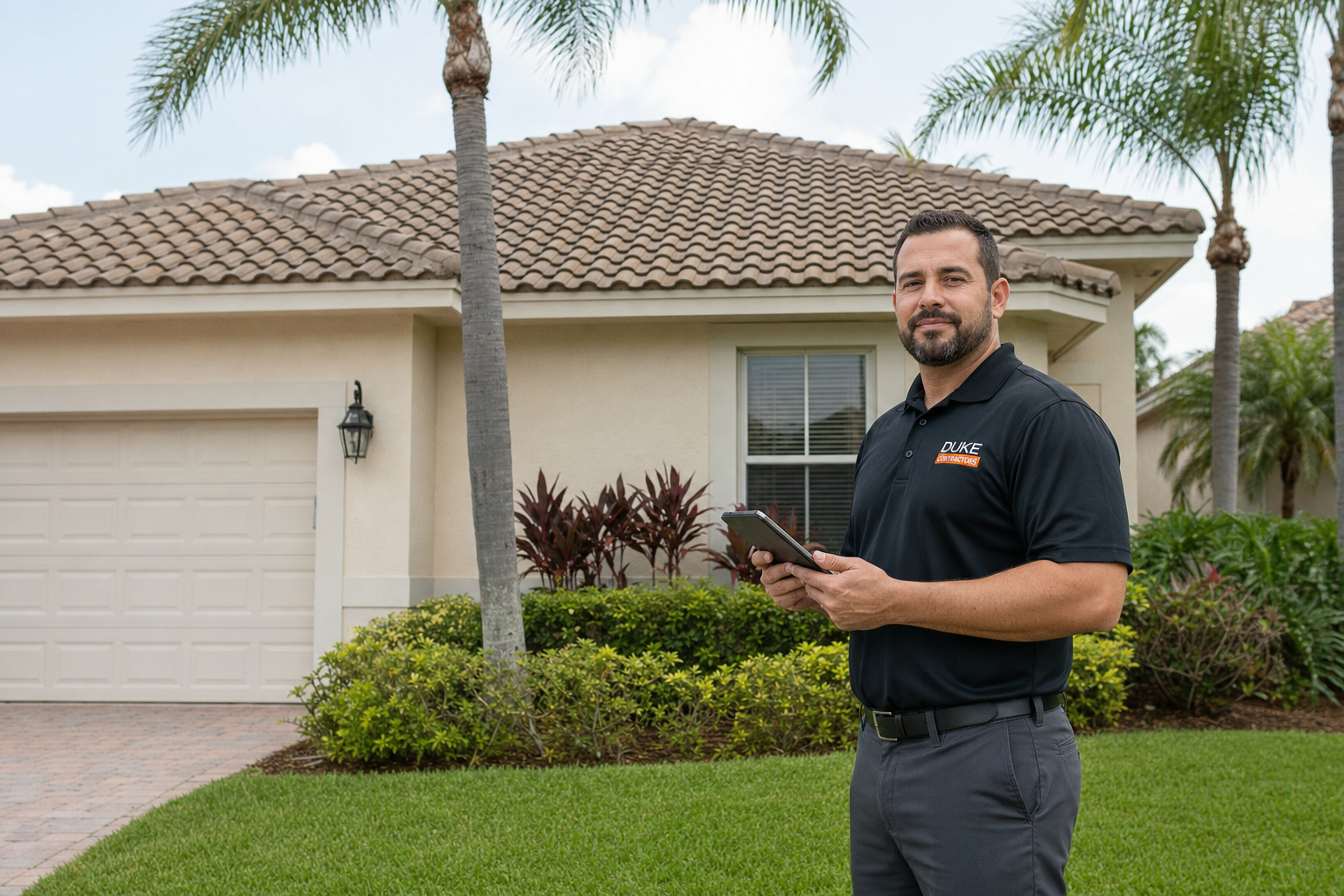documentary medium-wide photo of a roofing inspector standing safely on the ground beside a South Florida home, looking up at a tile roof with a tablet in hand, black polo with DUKE/CONTRACTORS-on-orange-bar chest logo with no visible logo or text, calm professional mood, no text