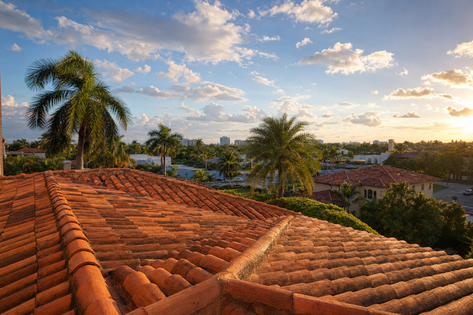 documentary photo of a South Florida roofing contractor inspecting a tile roof in a Miami neighborhood before storm season, warm morning light, realistic, no logos, no text