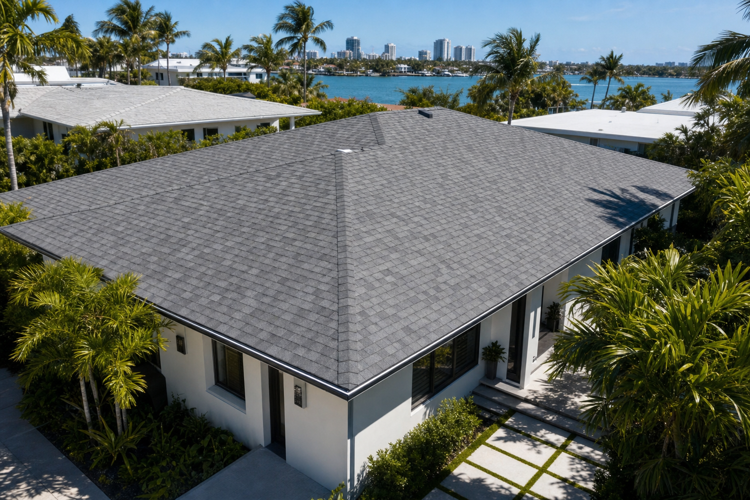 documentary photo of a South Florida asphalt shingle roof and palm-lined Miami home under clear pre-storm-season daylight, clean roofline visible, calm professional mood, no text
