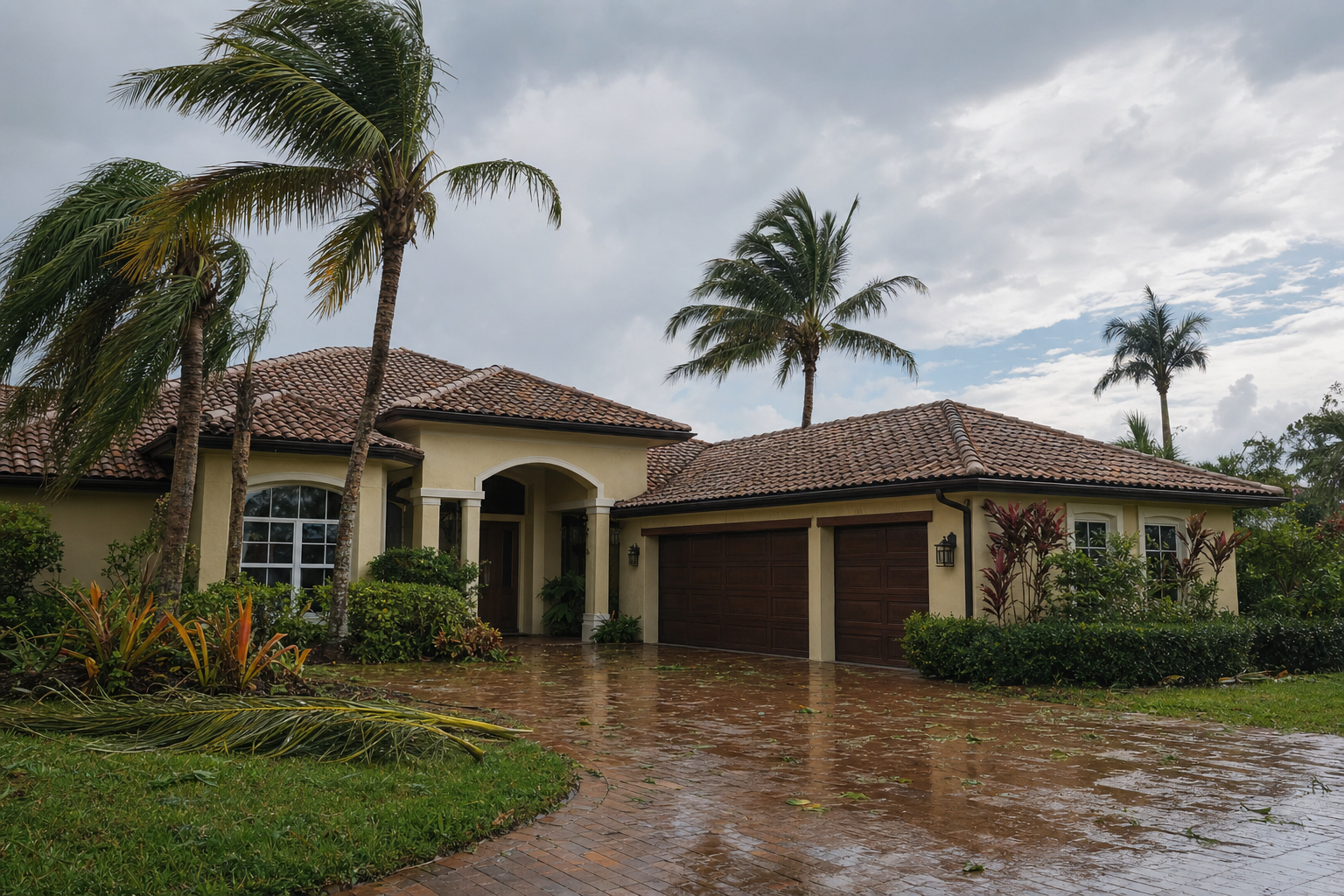 documentary photo of a South Florida home after a tropical storm, tile roof and palm trees under clearing gray skies, wet driveway, realistic morning light, no people, no text