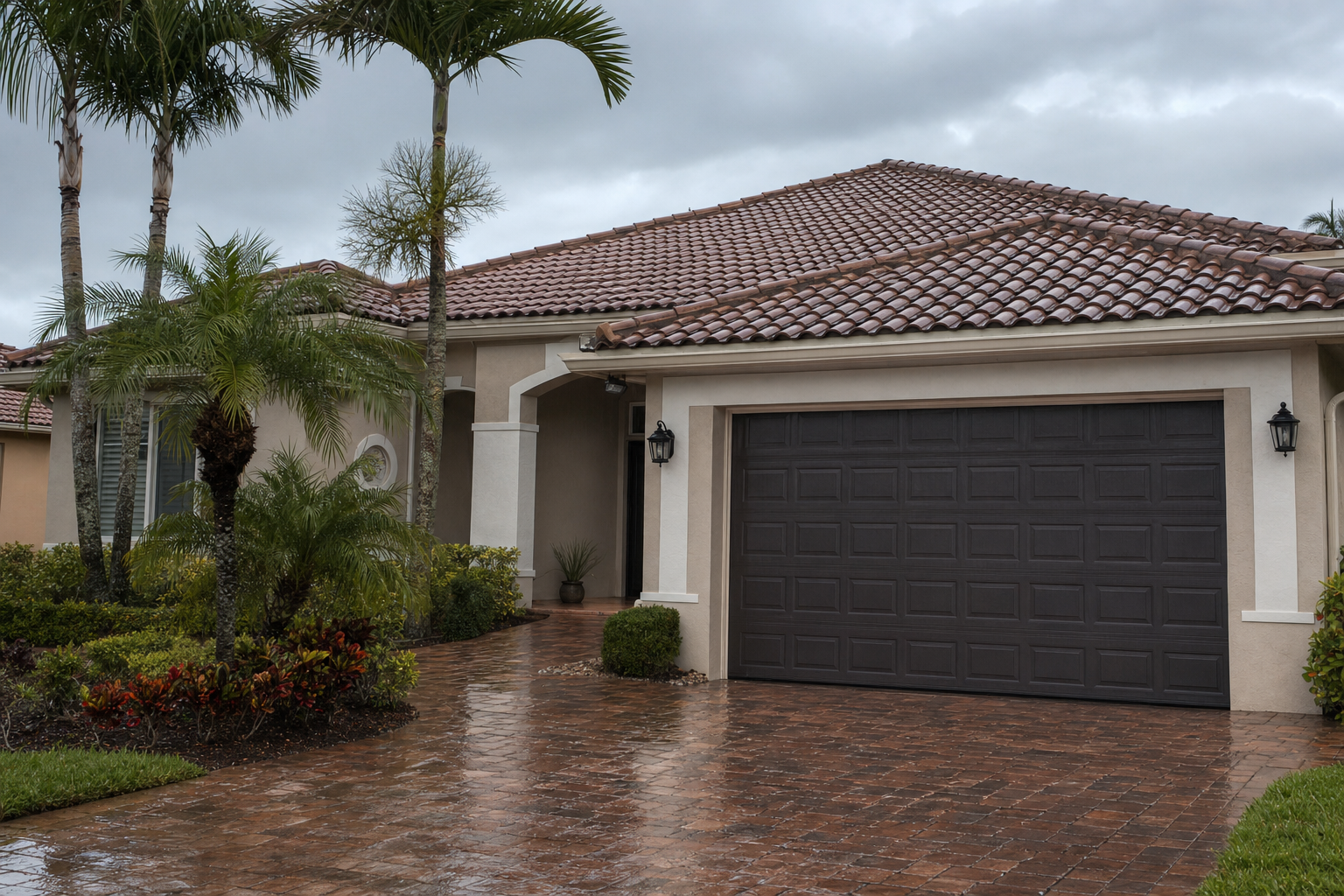 documentary photo of a Miami-Dade tile roof after heavy storm rain, wet driveway, palm trees, overcast morning light, no people, realistic residential setting