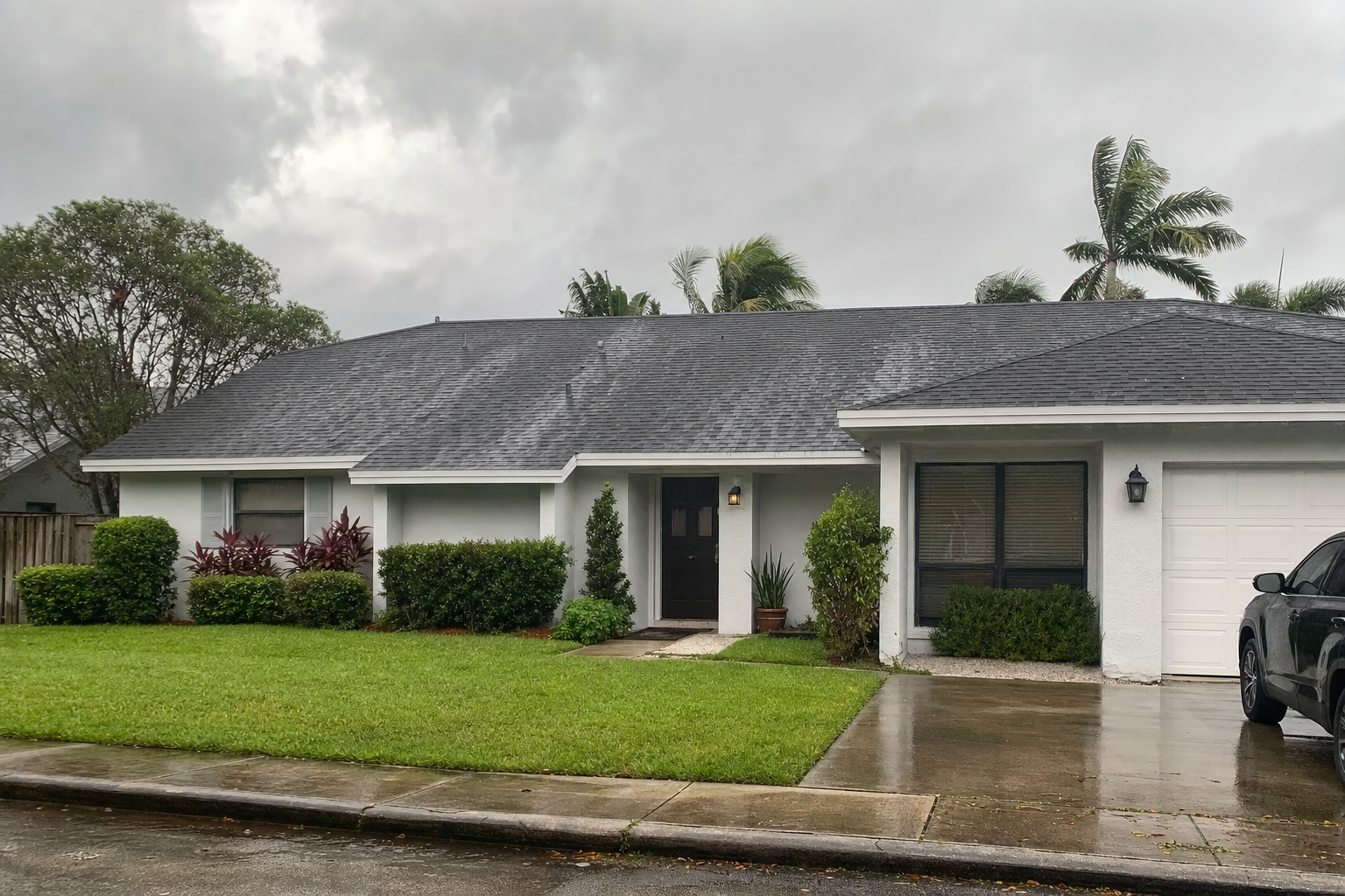 foto documental de una casa en Miami-Dade después de lluvia fuerte, techo de teja asfáltica visto desde la calle, cielo nublado, luz natural, sin texto