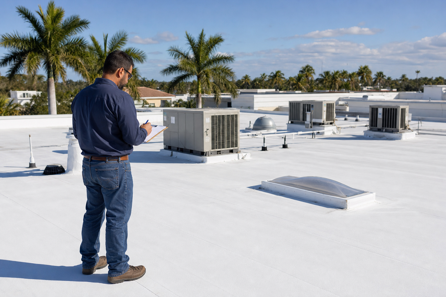 documentary photo of a South Florida commercial flat roof with clean white membrane, rooftop HVAC units, palm trees in background, bright morning light, realistic inspection mood, no text
