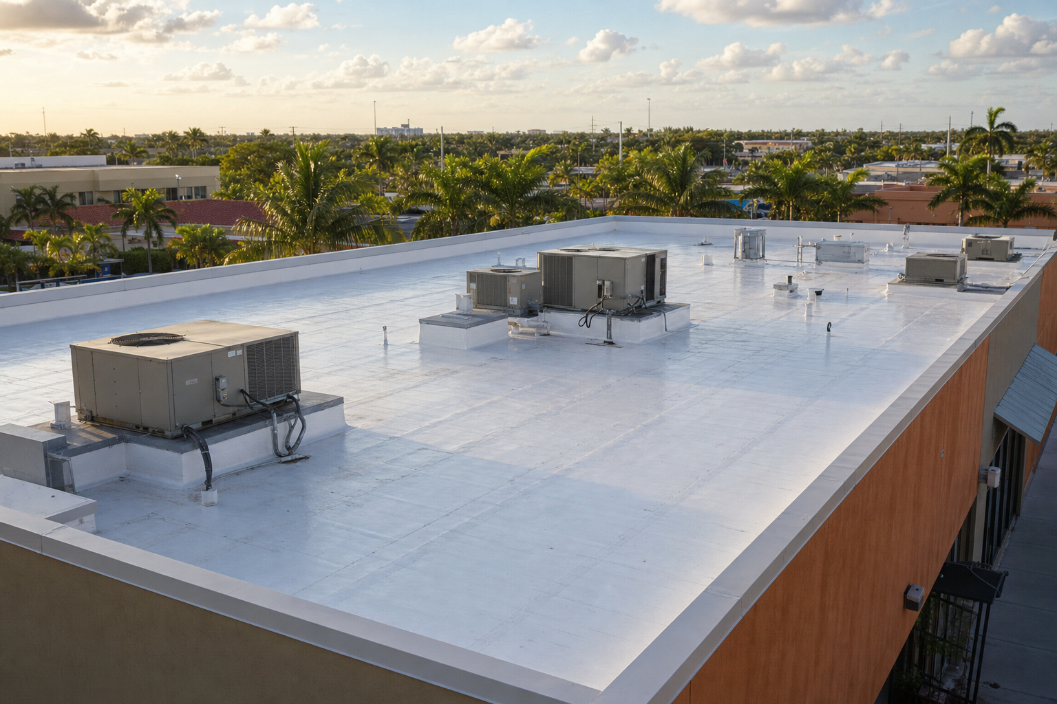 fotografía documental de un techo comercial plano en el sur de Florida con membrana clara, unidades de aire acondicionado, parapetos limpios y cielo cálido de tarde, sin texto ni logotipos