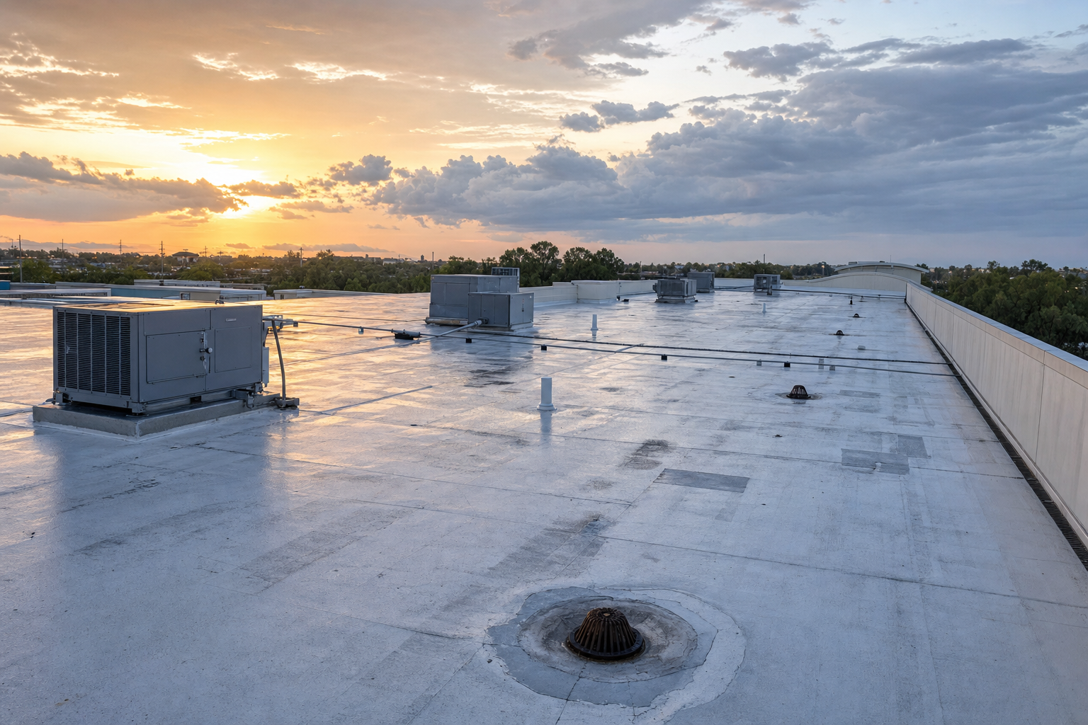 documentary photo of a South Florida commercial flat roof at sunrise with drains, rooftop HVAC units, and light storm clouds in the distance, realistic professional roofing inspection mood, no text