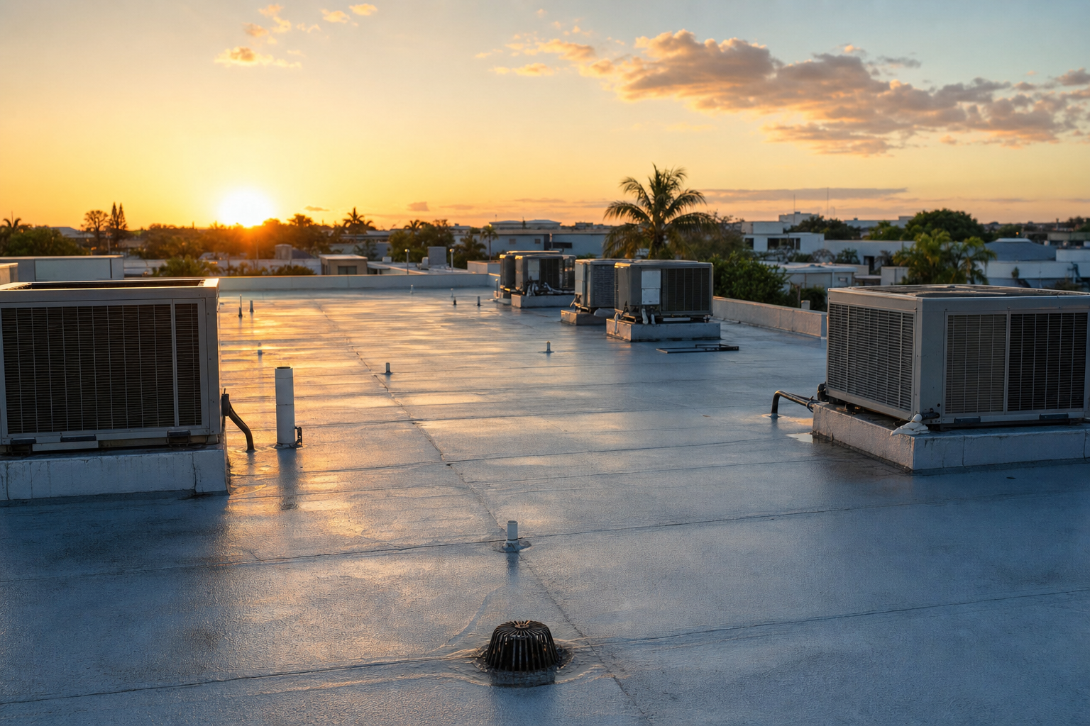foto documental de un techo comercial plano en el sur de Florida al amanecer, con unidades de climatización, drenajes visibles, edificios bajos al fondo y luz cálida, sin personas ni texto