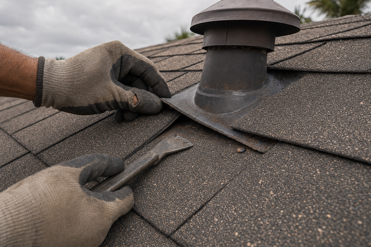 realistic photo of a roofing professional checking flashing around a roof vent on a South Florida asphalt shingle roof, overcast pre-storm sky, no logos, no text