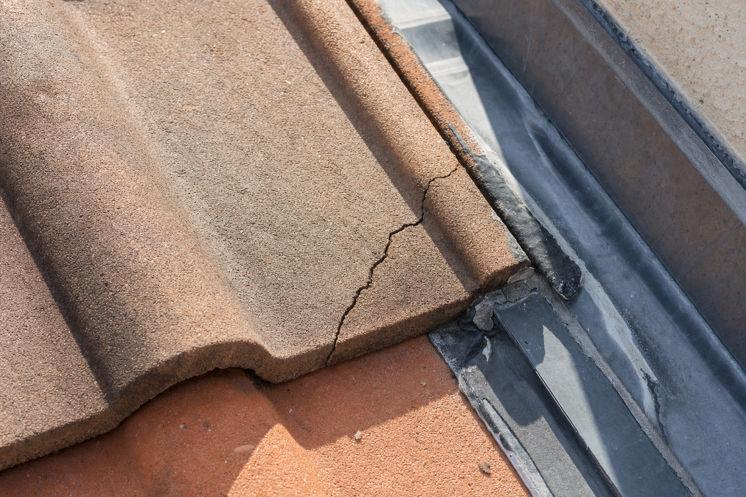 close-up documentary photo of cracked roof tile and adjacent flashing on a South Florida home, bright natural daylight, realistic inspection detail, no hands, no logo, no text