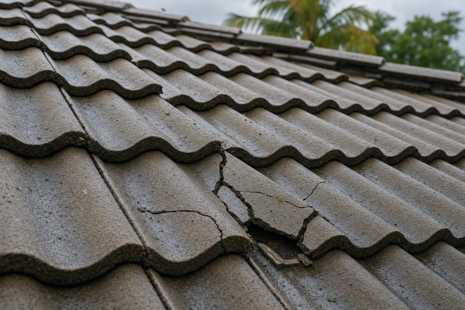 close-up documentary photo of cracked concrete roof tiles on a South Florida home after storm debris impact, damp surface, realistic overcast light, no people, no text