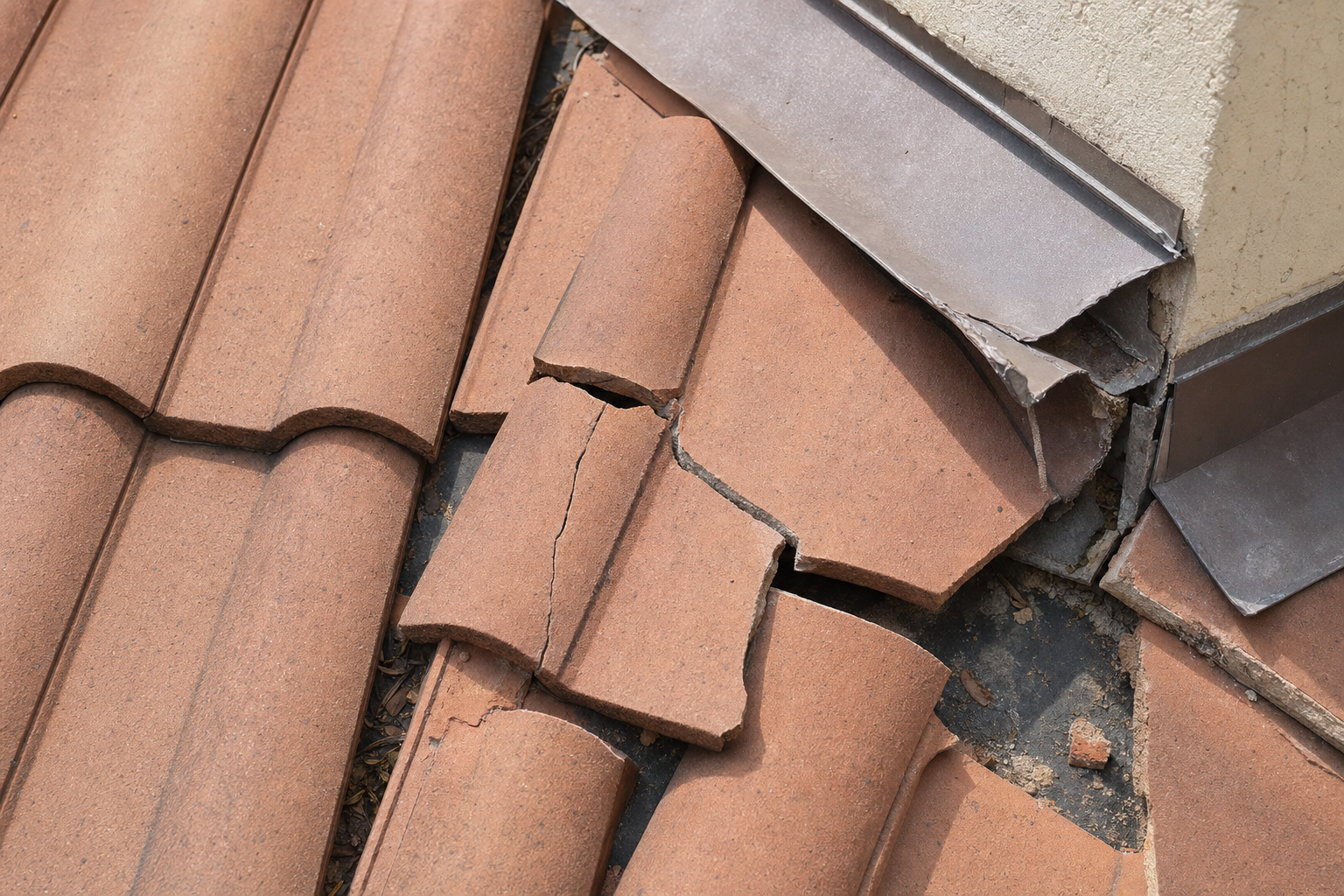close-up documentary photo of cracked roof tiles and lifted flashing on a South Florida residential roof after a storm, natural daylight, no people, no text