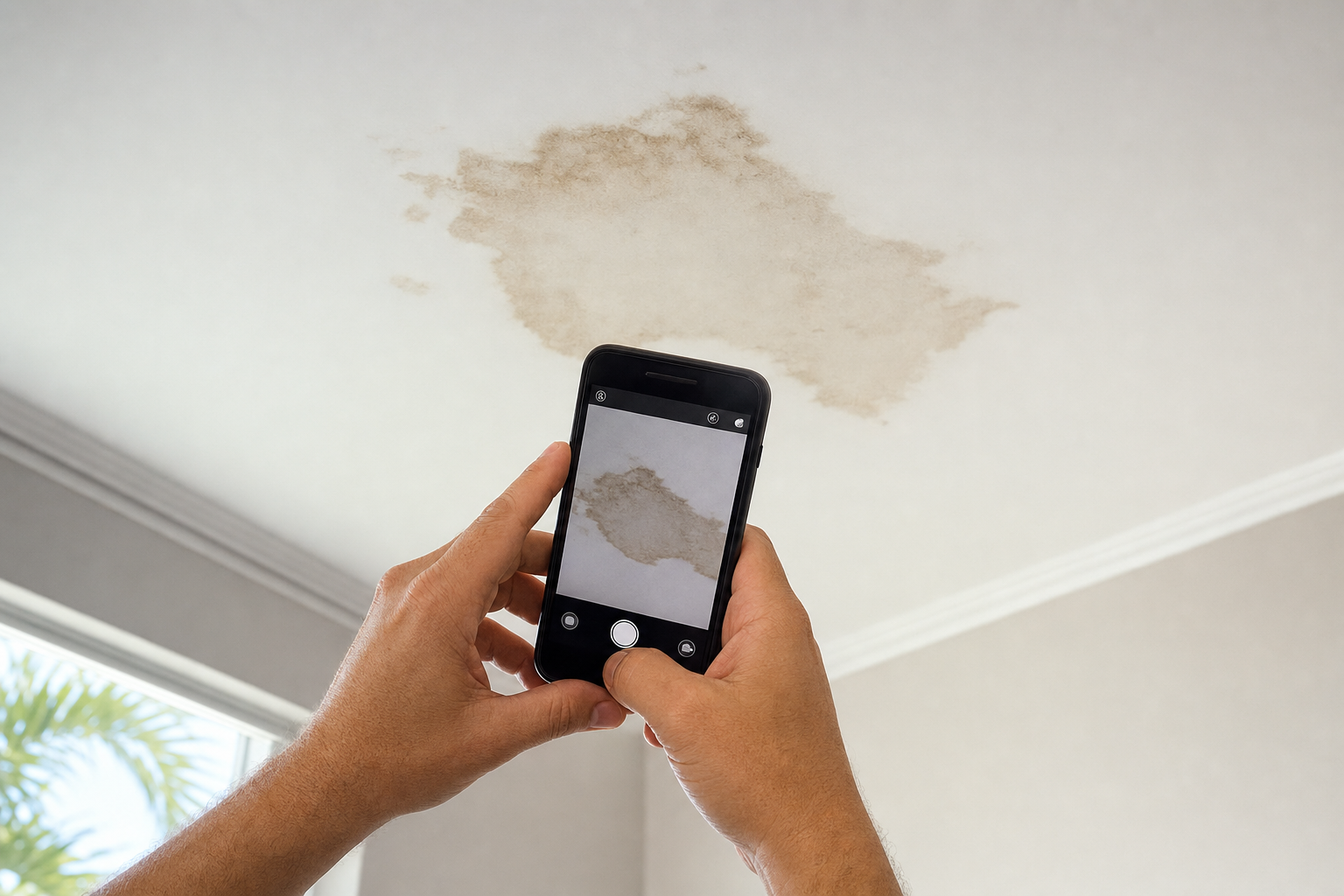 primer plano realista de manos de propietario fotografiando una mancha de agua en el techo interior de una casa en Miami, luz de ventana, sin texto