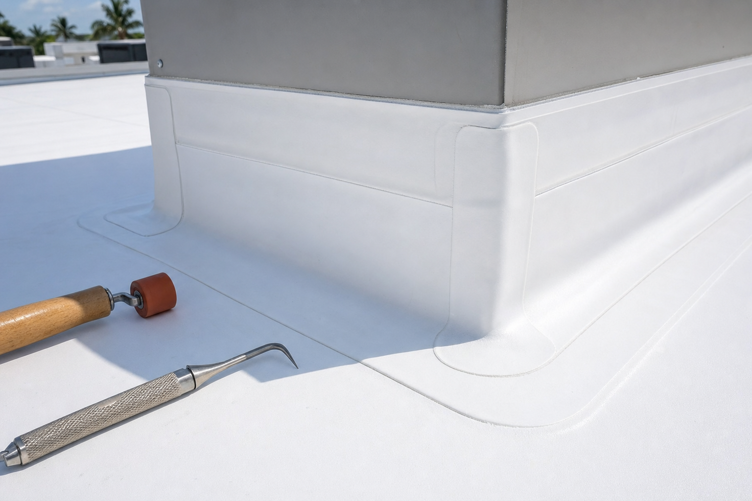 close-up documentary photo of white TPO membrane seams around a rooftop curb on a commercial building, clean weld lines, inspection tools nearby, bright South Florida daylight, no people, no text