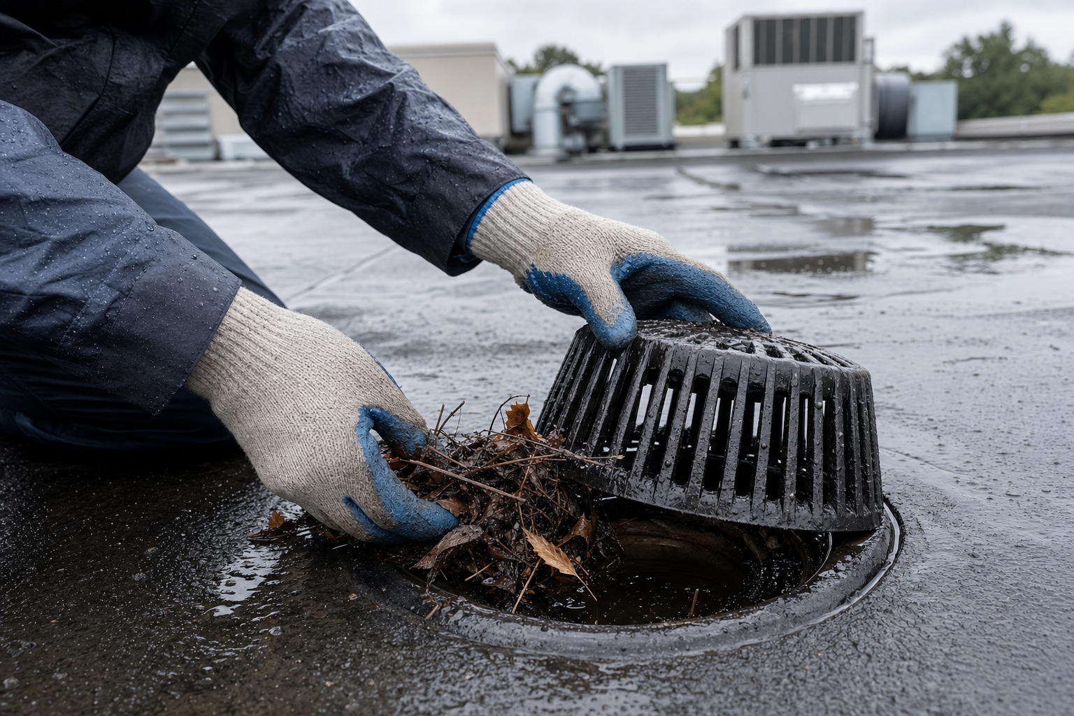 close-up documentary photo of a commercial flat roof drain being checked for debris after rain, gloved hands visible, rooftop surface and HVAC units softly in background, no logos, no text