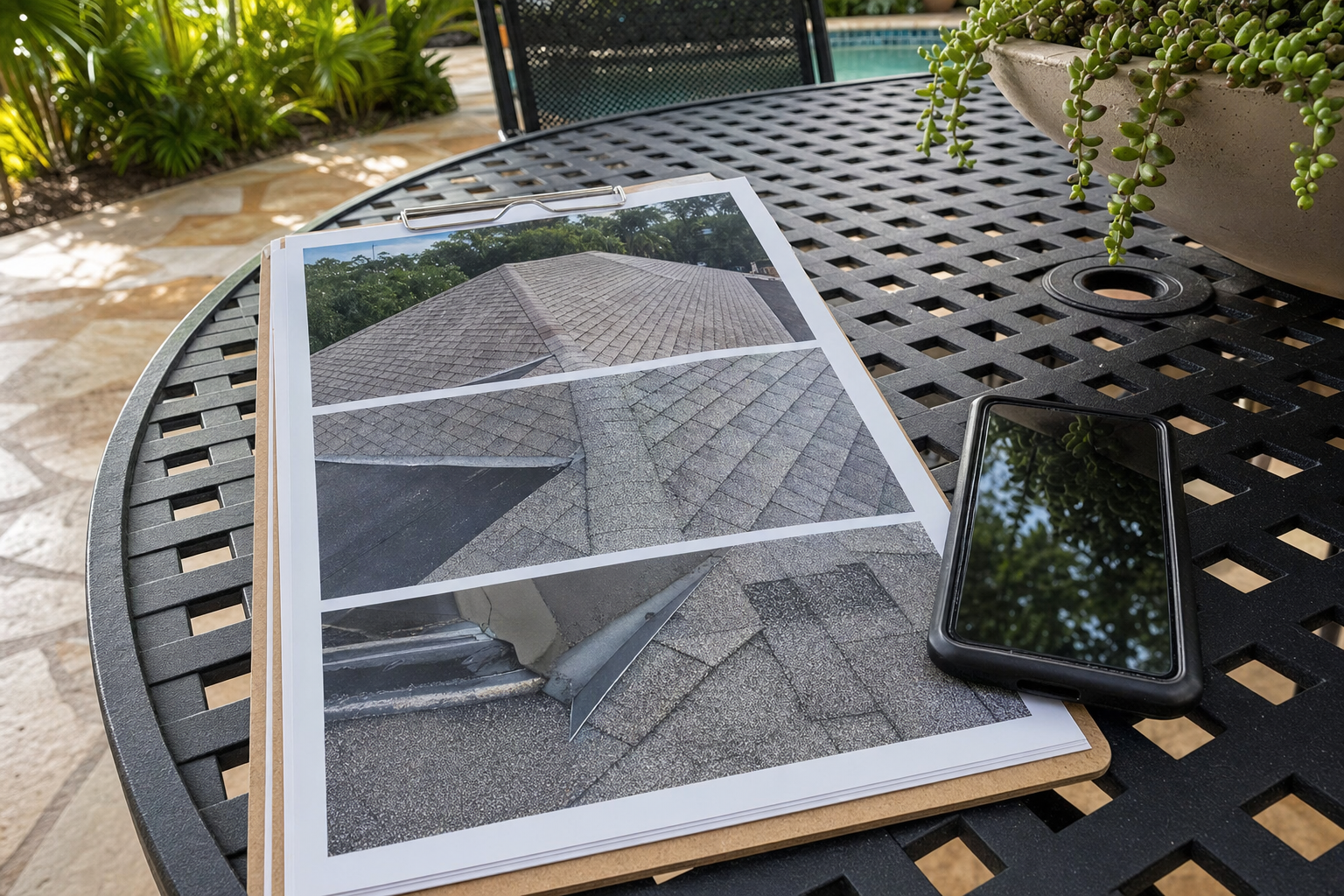 homeowner POV photo of roof condition documentation on a clipboard with printed roof photos and a phone camera beside it, South Florida patio table, natural daylight, no visible personal information, no text