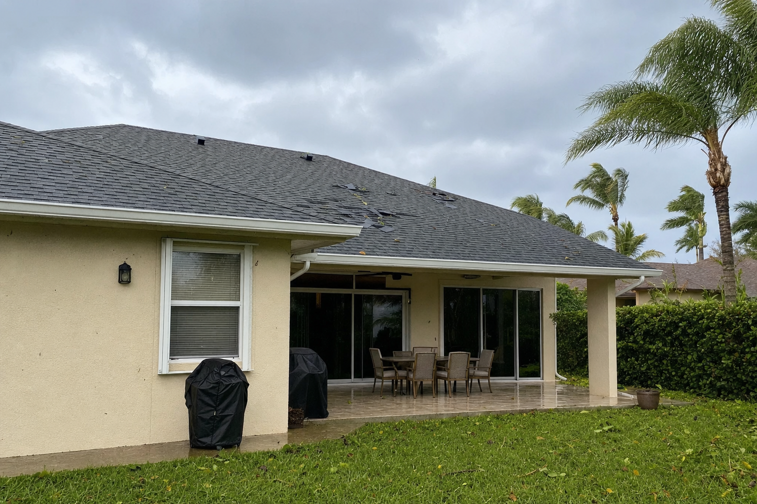 homeowner point-of-view photo from ground level documenting a South Florida shingle roof after a tropical storm using a smartphone, wet lawn, cloudy daylight, no visible text
