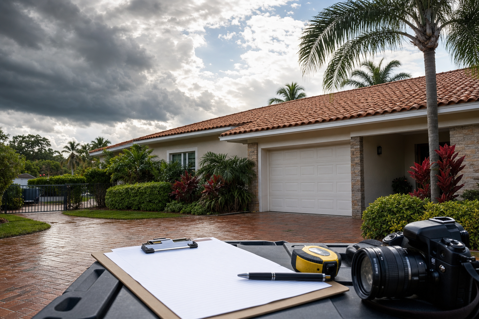 realistic photo of a clipboard with roof inspection notes beside a tape measure and camera on a Miami home driveway, storm clouds clearing, no visible text