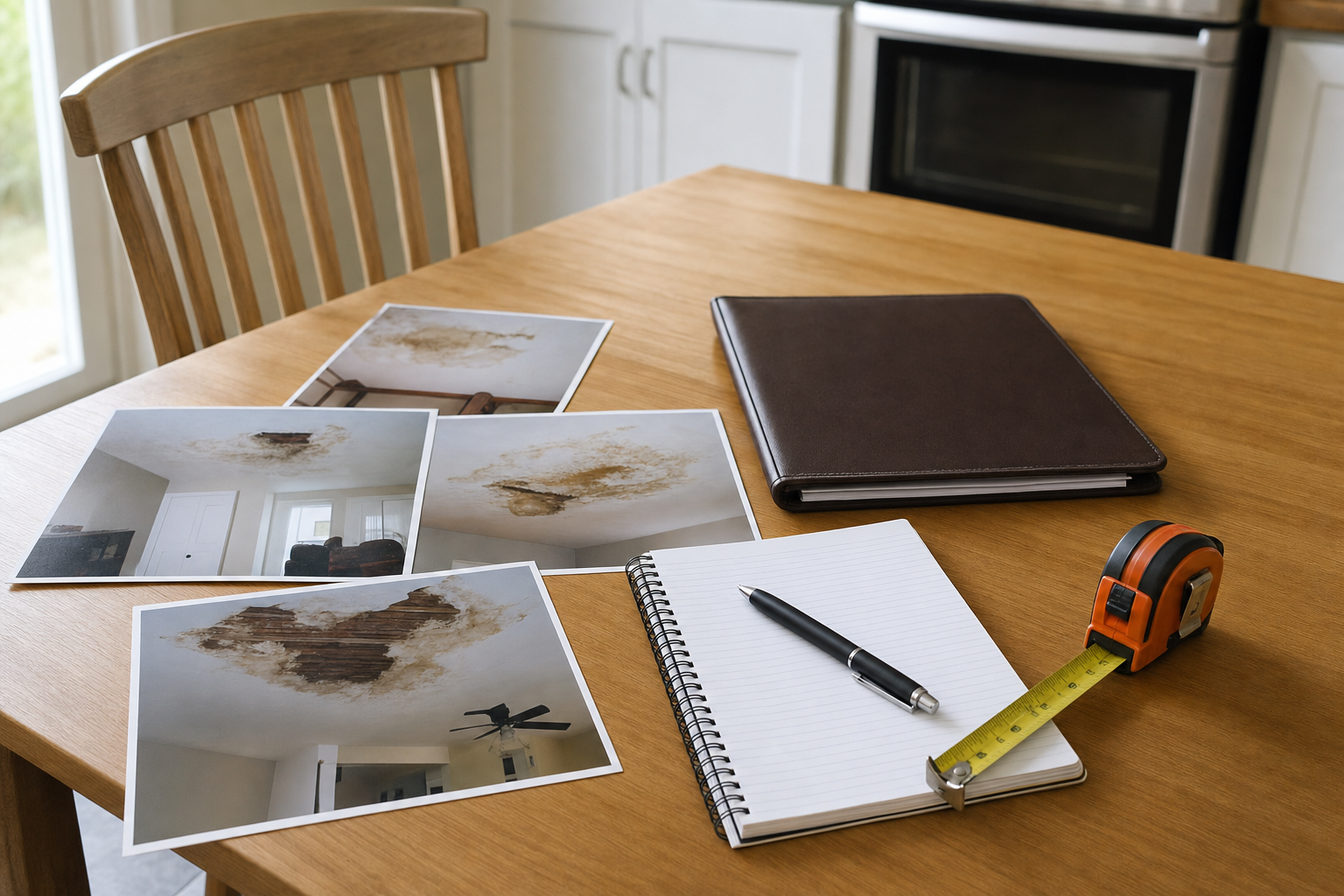 foto documental de una mesa de cocina con fotos impresas de daño de techo, póliza cerrada, libreta y cinta métrica, luz natural, sin texto