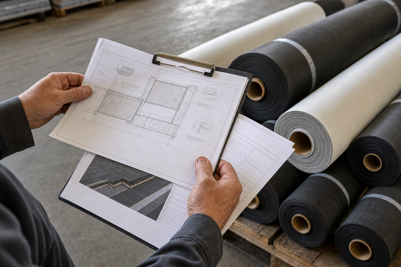hands-only documentary photo of a roofing professional reviewing commercial roof drawings and product approval paperwork on a clipboard beside rolls of roofing membrane, warehouse setting, natural light, no logos, no text