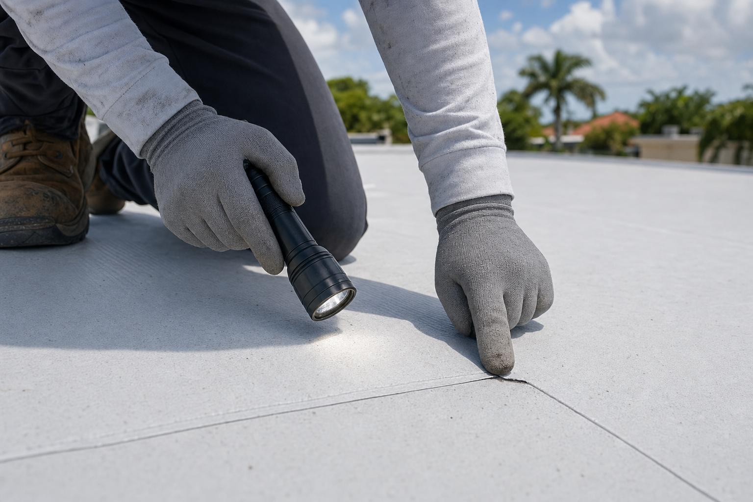 realistic close-up photo of a low-slope commercial roof membrane with a small seam issue being inspected with a gloved hand and flashlight, bright South Florida daylight, no text