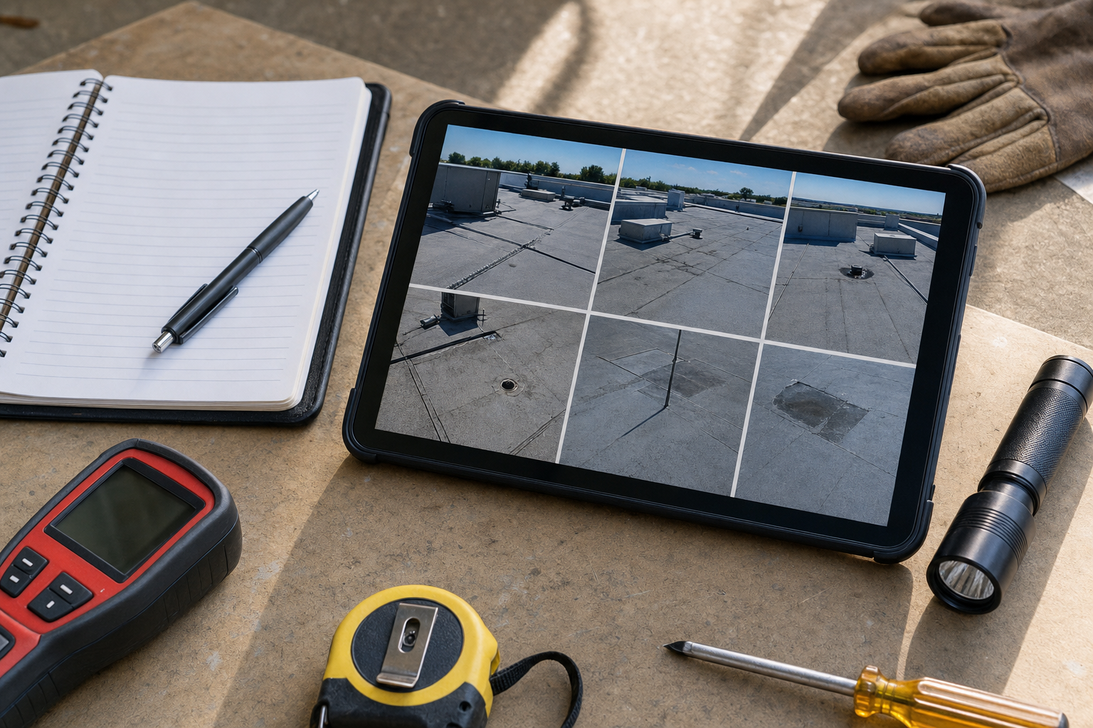 foto documental de una libreta de mantenimiento y tableta mostrando fotos de un techo comercial plano, con herramientas de inspección sobre una mesa de trabajo, luz natural, sin texto legible