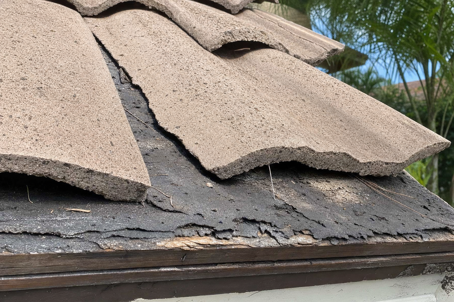 close-up realistic photo of cracked roof tile and weathered underlayment edge on a South Florida home, natural daylight, inspection-style composition, no logos, no text