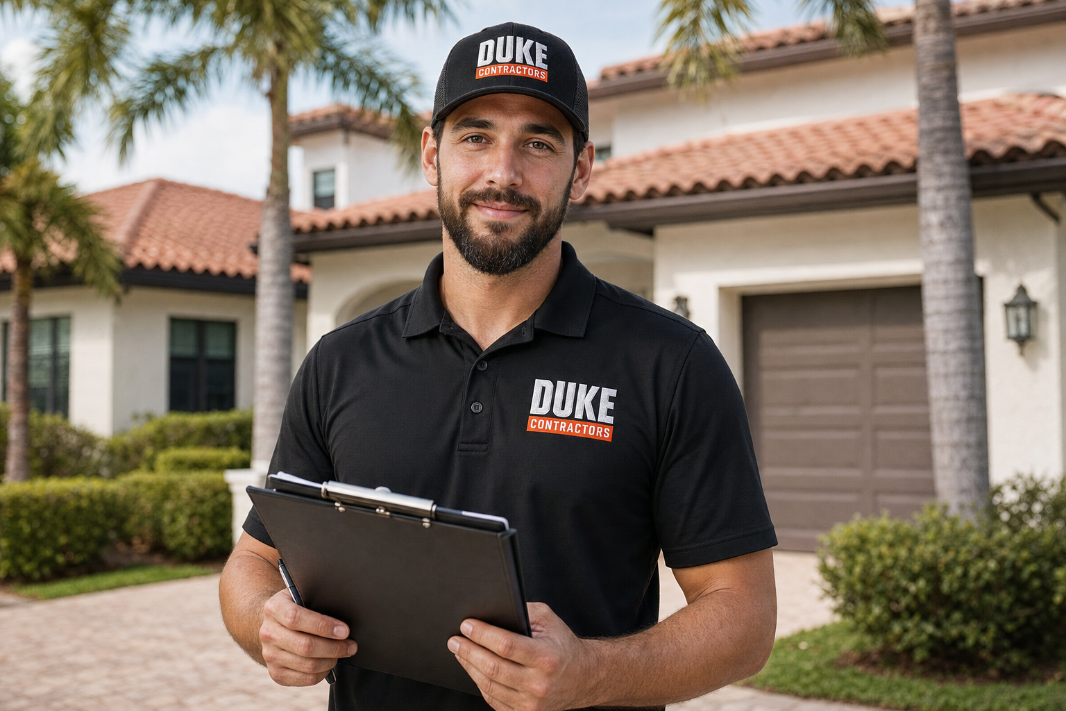 realistic photo of a homeowner and roofing contractor reviewing roof inspection photos on a tablet outside a South Florida home, bright daylight, professional and reassuring mood, no logos, no text