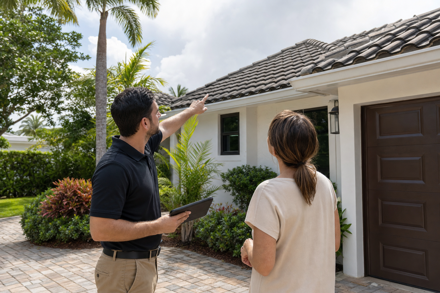 documentary medium shot of a Duke Contractors inspector standing on a Miami driveway reviewing a roofline with a homeowner, plain black polo with no visible logo or wordmark, safe ground-level composition, afternoon light, professional and calm mood, no text