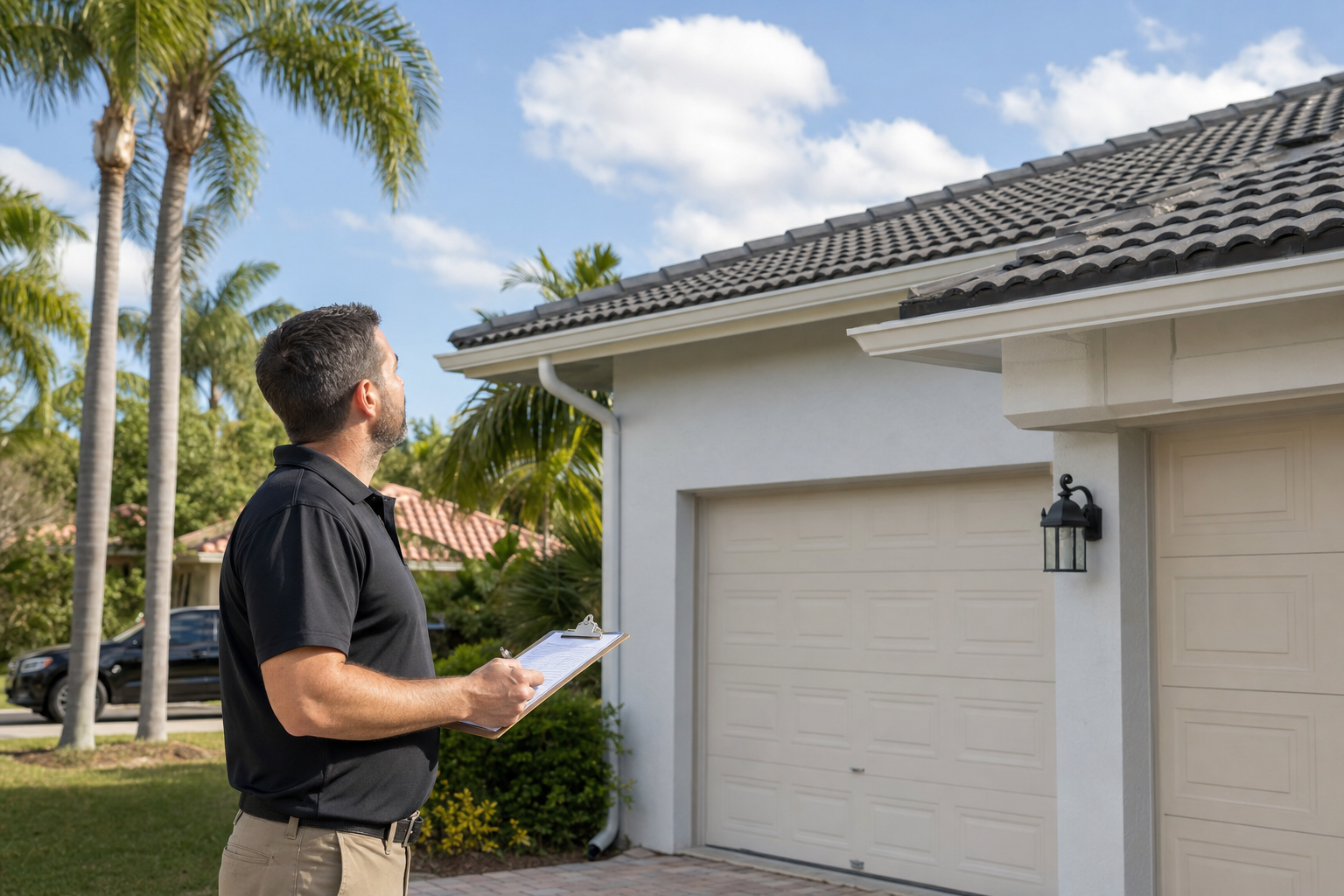 safe ground-level documentary photo of a roofing inspector in a plain solid black polo with no visible logo or text, standing in a South Florida driveway and looking up at a roof with a clipboard, afternoon light