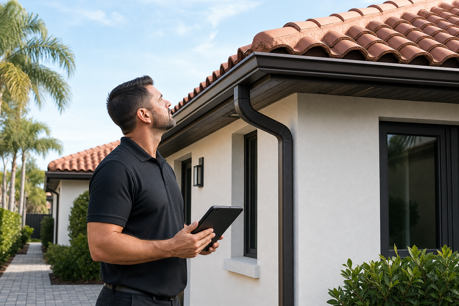 ground-level photo of a Duke Contractors roofing inspector in a plain solid black polo with no visible logo or text, standing safely beside a Miami home and looking up at the roofline with a tablet, afternoon light, professional documentary style