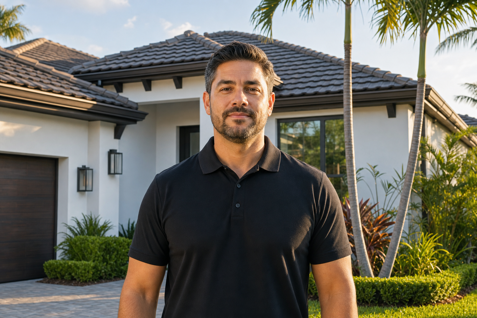 toma media centrada de un representante de Duke Contractors frente a una casa de Miami, polo negro sólido sin logotipo visible ni marca denominativa, pecho completo hacia cámara, luz de tarde, aspecto profesional y cercano
