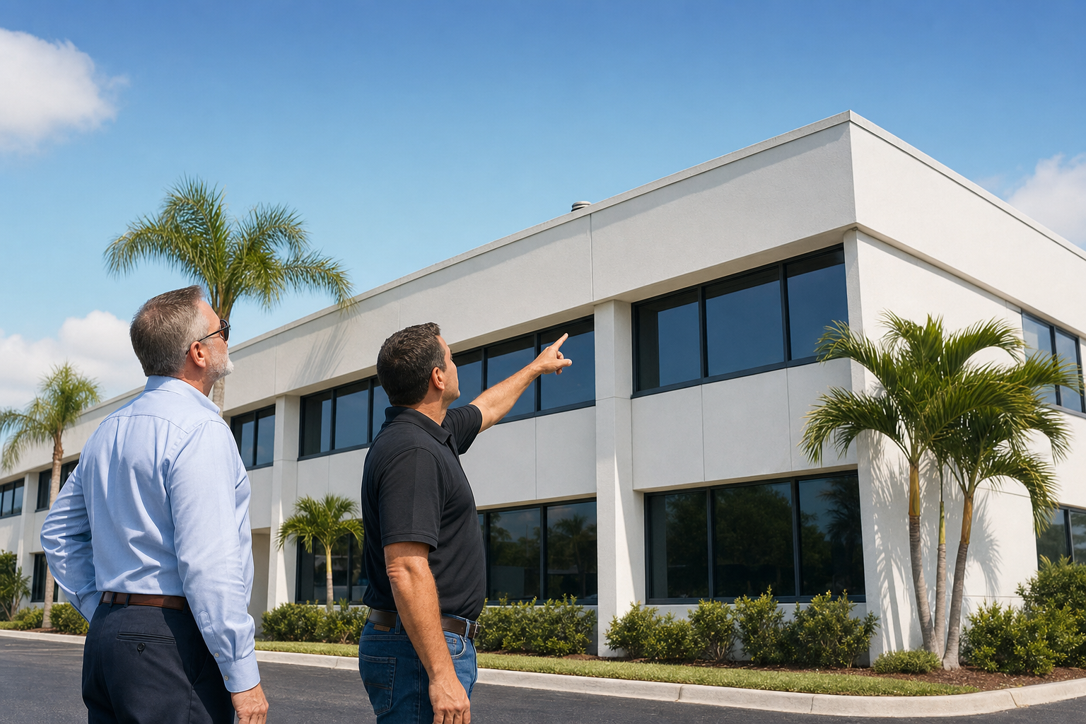 documentary photo of a commercial building owner and roofing contractor standing safely on the ground beside a South Florida office building, both looking up at the flat roof edge, contractor in plain solid black polo with no visible logo or wordmark, afternoon light, professional mood