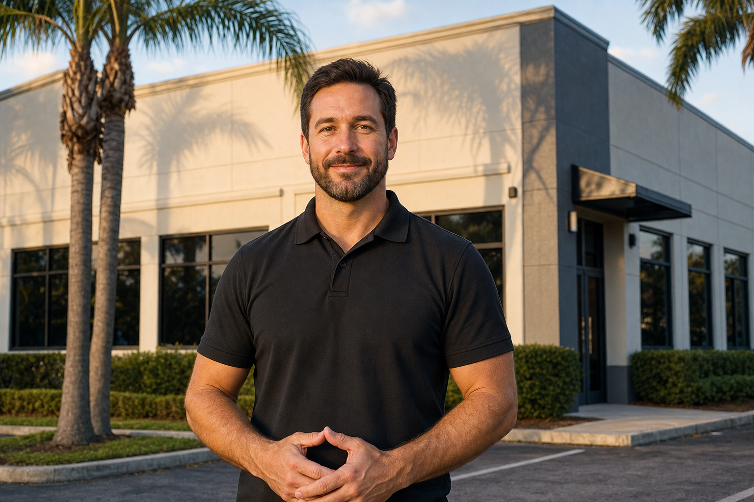 centered medium shot of a Duke Contractors roofing consultant standing on the ground in front of a South Florida commercial building, plain solid black polo with no visible logo or wordmark, chest fully visible facing camera, professional approachable mood, late afternoon light