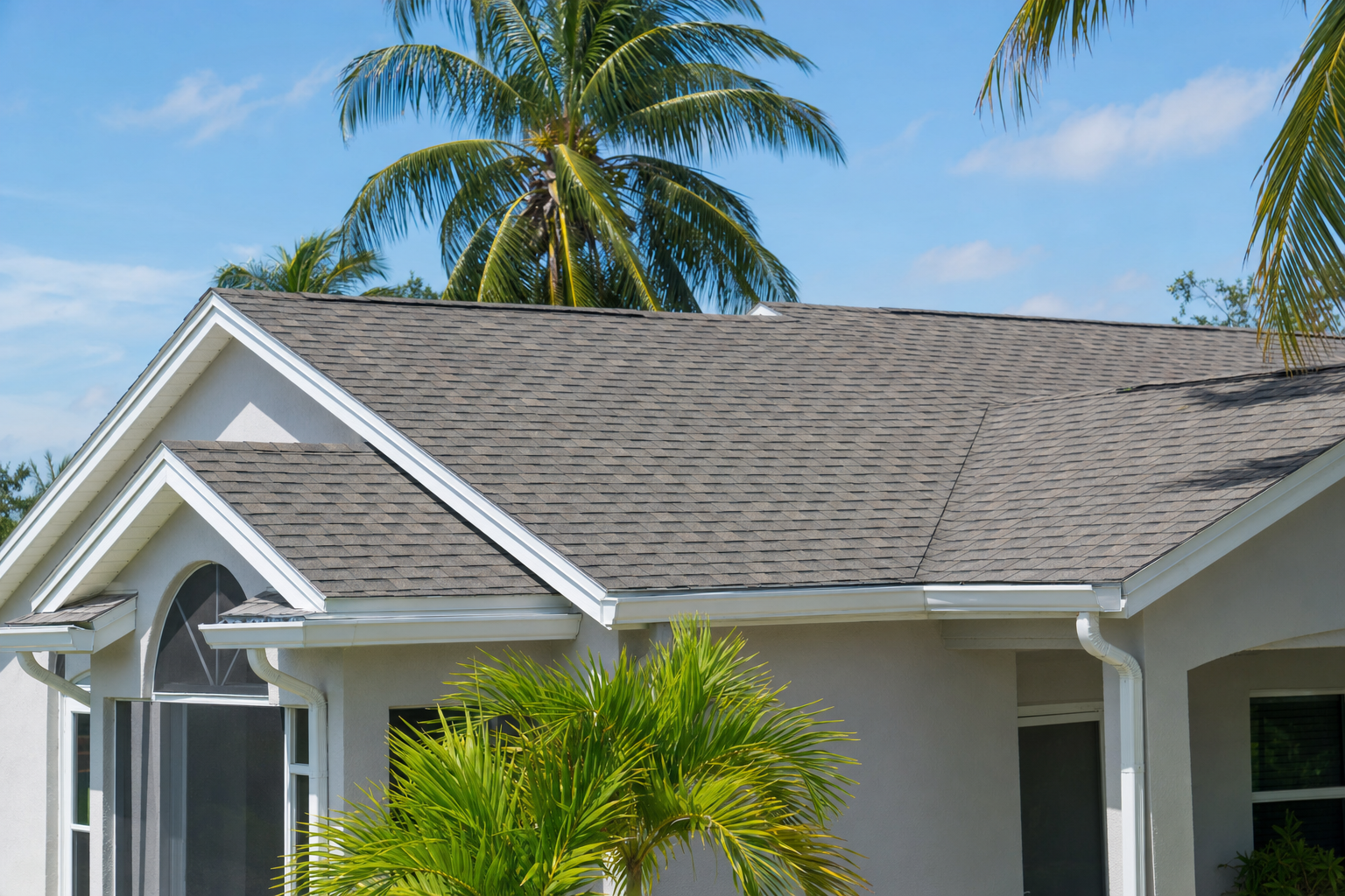 documentary photo of a South Florida residential roofline with asphalt shingles and palm trees in bright morning light, clean realistic property-focused composition, no people, no text