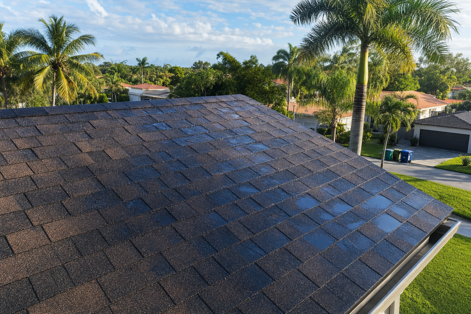 documentary photo of a South Florida home roof after heavy rain, visible asphalt shingles and palm trees, warm morning light, realistic residential neighborhood, no text