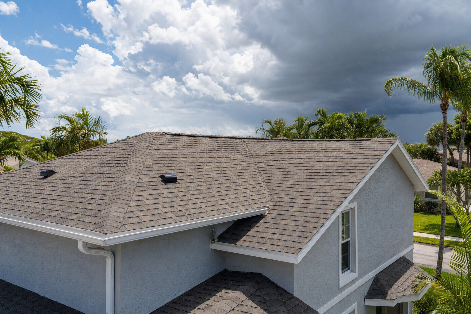 documentary photo of a South Florida residential roof with mixed sun and storm clouds overhead, visible asphalt shingles and palm trees, natural afternoon light, realistic homeowner perspective, no text