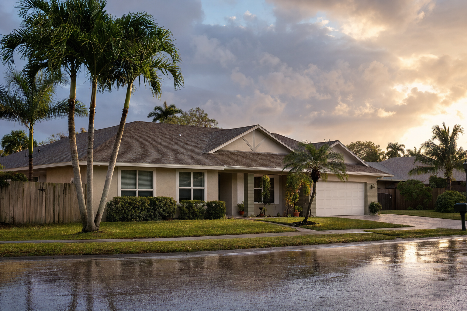 fotografía documental de una casa en Miami con techo de teja asfáltica y señales leves de desgaste por sol y lluvia, cielo cálido después de tormenta, composición amplia desde la calle, sin texto en la imagen