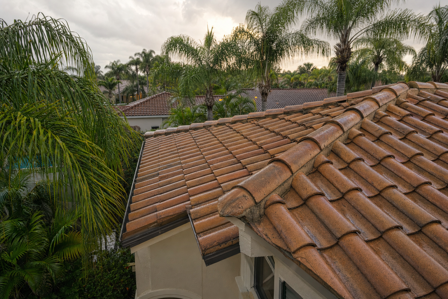 documentary photo of a South Florida tile roof after heavy rain, visible roofline and palm trees, warm overcast light, realistic residential setting, no people, no text
