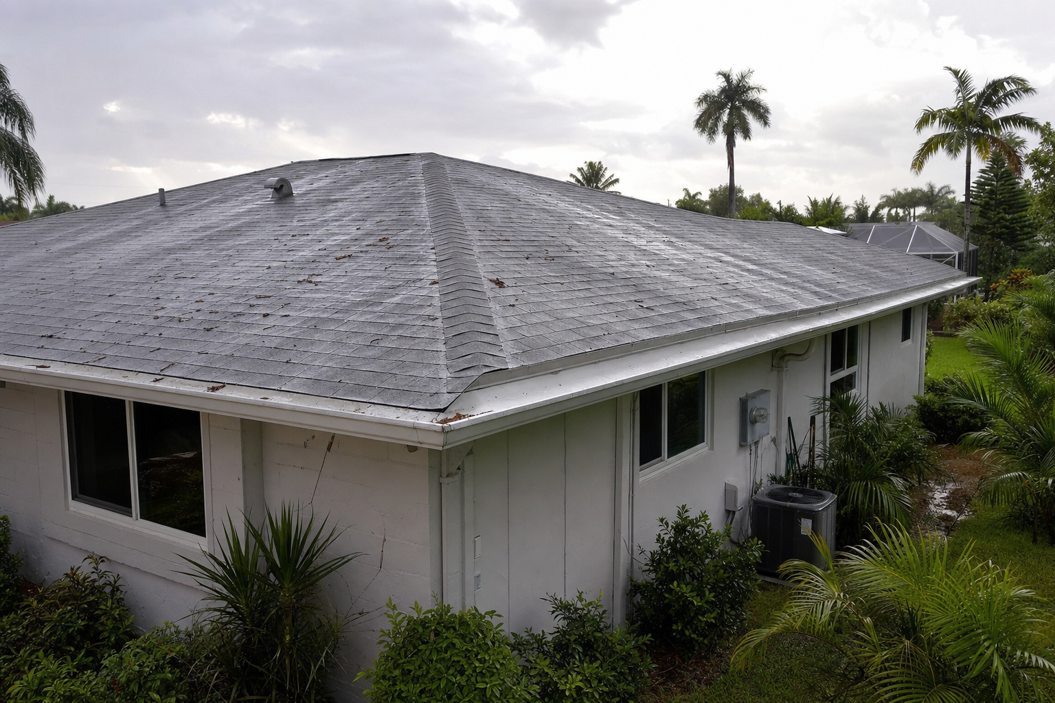 foto documental de una casa del sur de Florida con techo de teja asfáltica después de lluvia fuerte, palmeras al fondo, luz natural de tarde, aspecto realista, sin texto visible