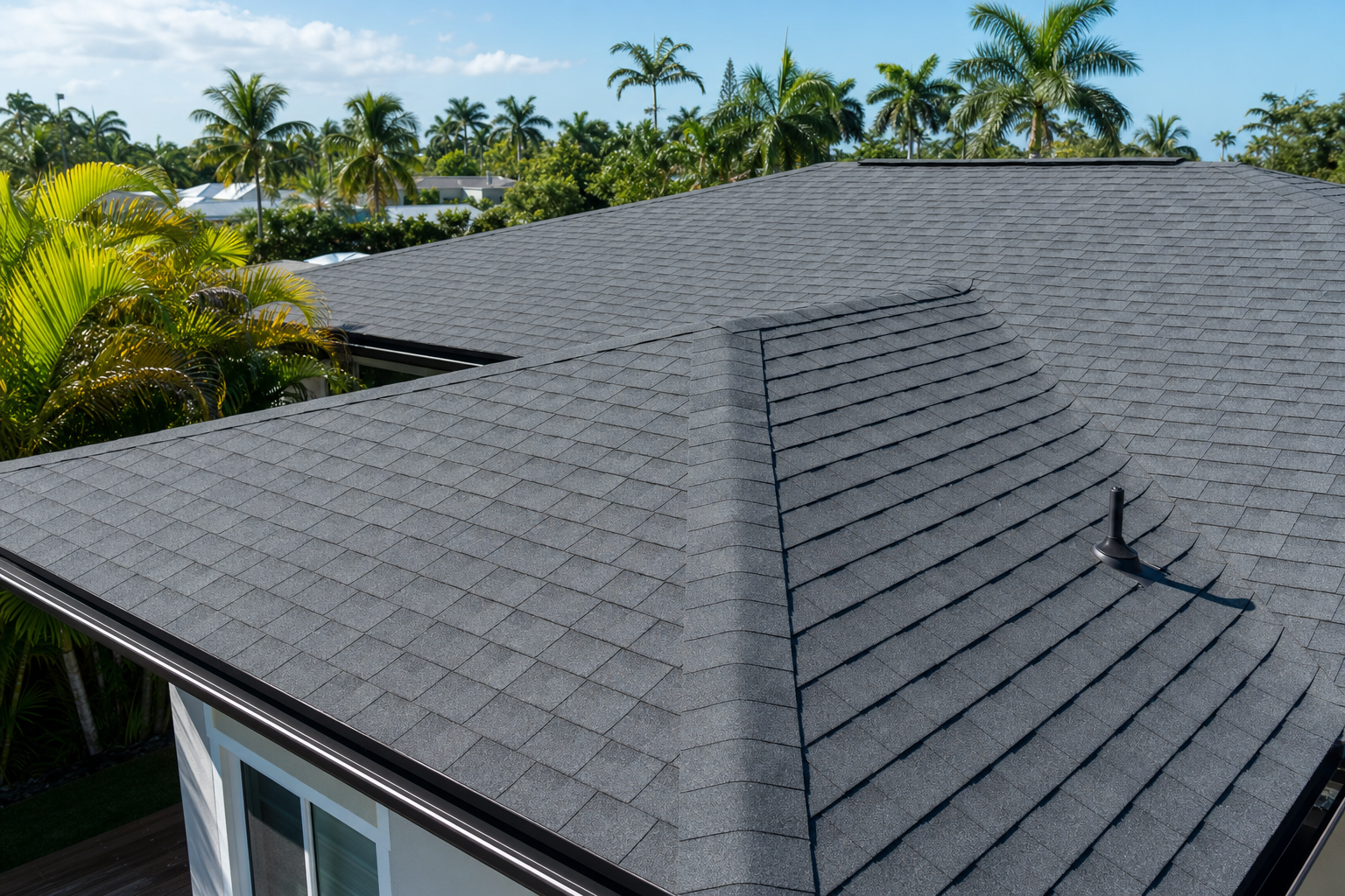 documentary photo of a Miami-Dade residential roof after a professional roof inspection, clean asphalt shingles, palm trees in background, bright South Florida morning light, realistic and calm, no text
