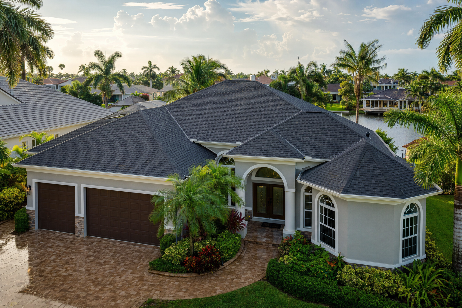 documentary photo of a clean South Florida home with architectural asphalt shingles, palm trees, bright afternoon light after rain, roof planes clearly visible, no people, no text
