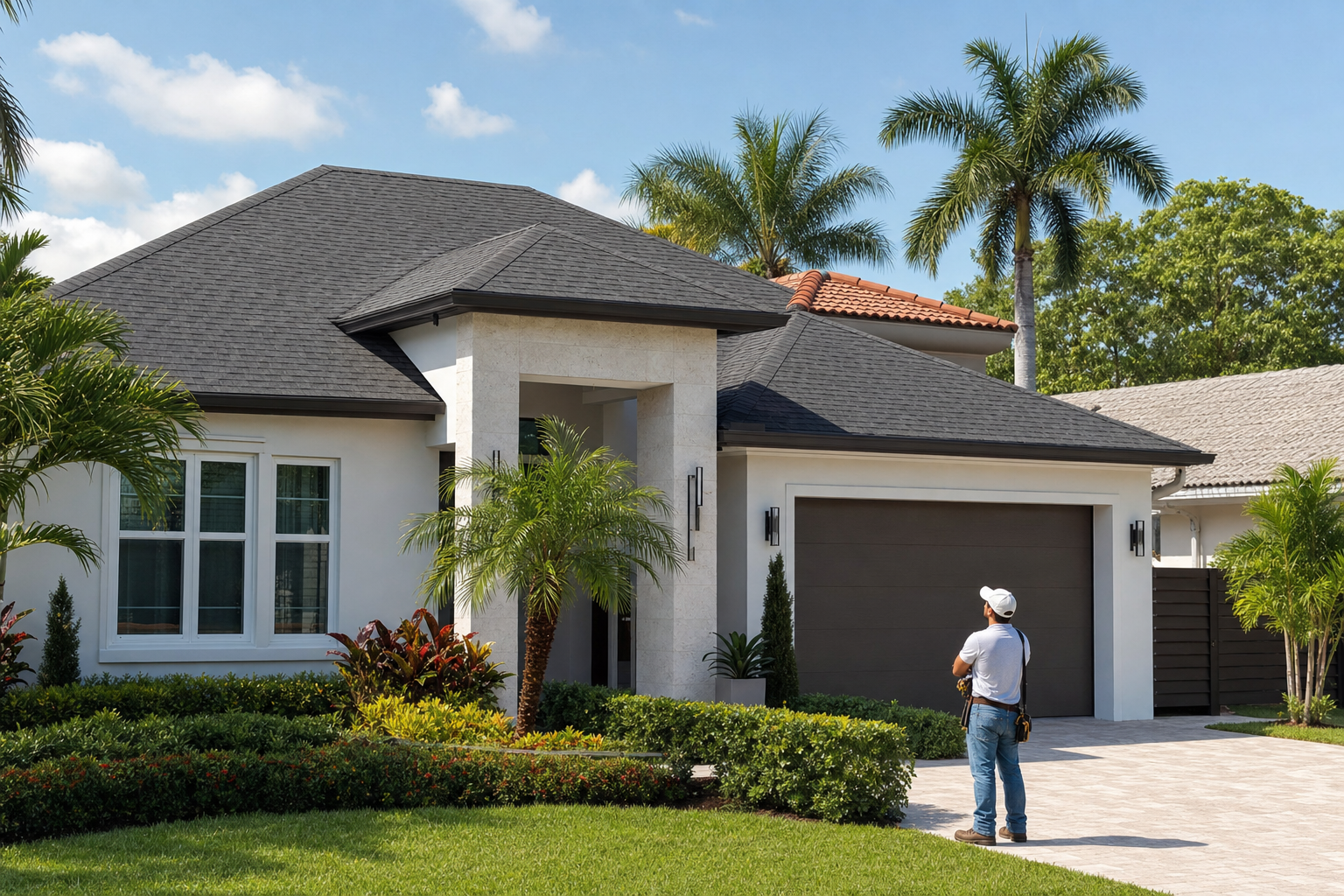 documentary photo of a South Florida home with clean asphalt and tile roof sections visible, sunny Miami neighborhood, realistic afternoon light, no text