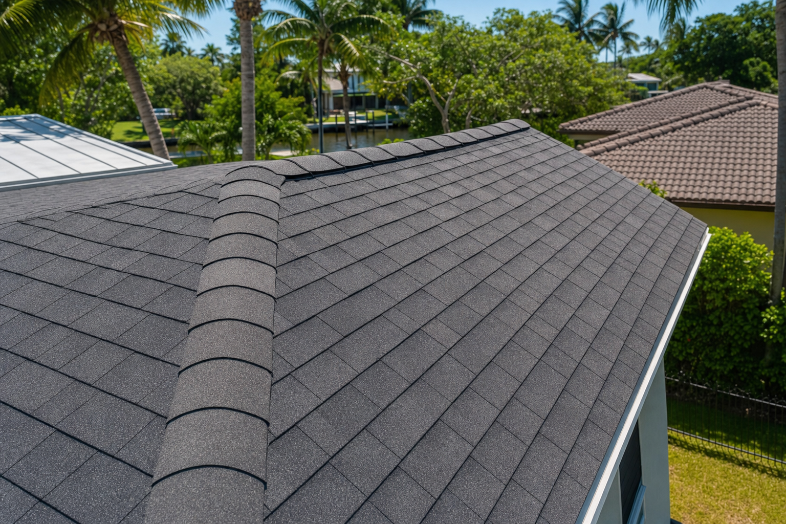 documentary photo of a South Florida asphalt shingle roof under bright afternoon sun, close view of clean ridge caps and roof plane, tropical landscaping in background, realistic residential setting, no text