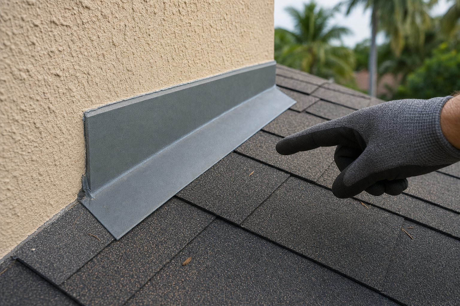 primer plano realista de tapajuntas metálico y tejas asfálticas en un techo residencial del sur de Florida, luz natural, manos con guantes señalando el detalle sin mostrar rostro, sin texto en la imagen