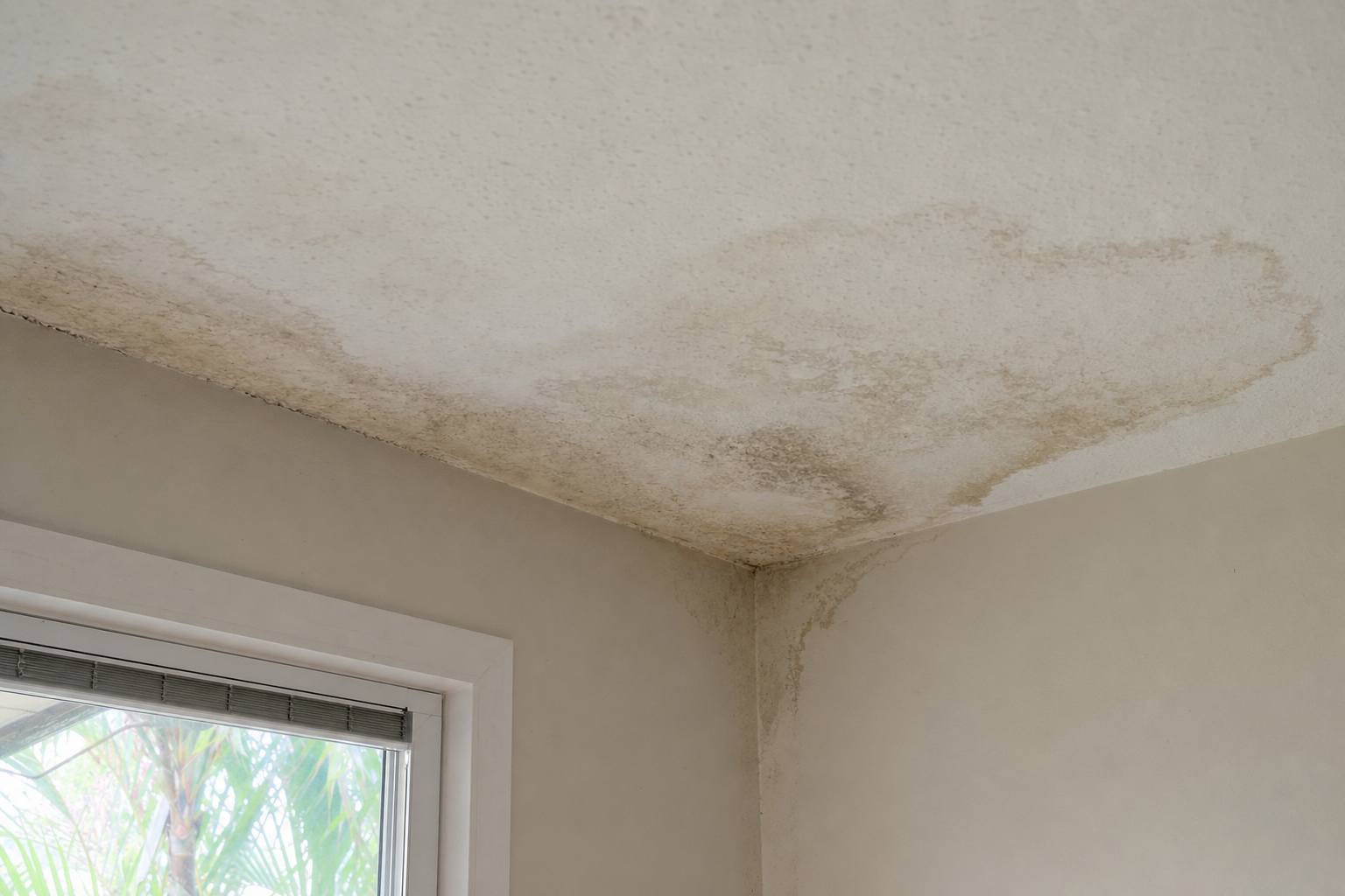 close-up documentary photo of a water-stained ceiling corner inside a South Florida home, soft natural window light, realistic interior, no people, no text