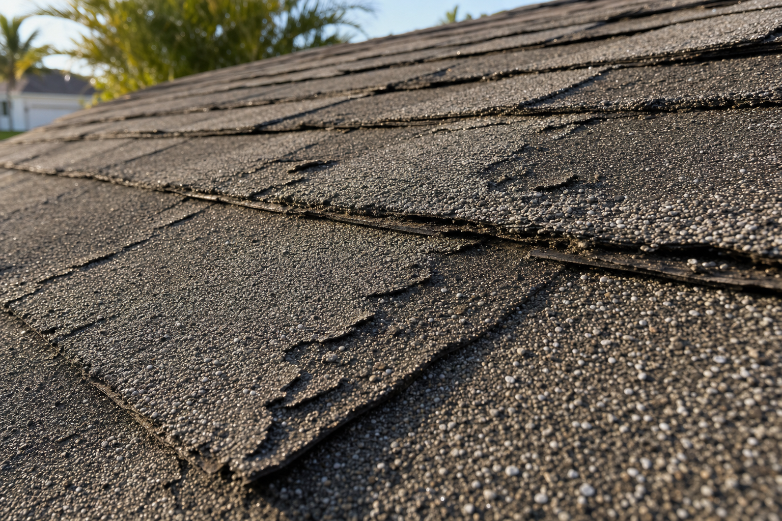 primer plano realista de tejas asfálticas envejecidas en una vivienda del sur de Florida, gránulos sueltos visibles, luz natural de mañana, sin personas, sin texto en la imagen